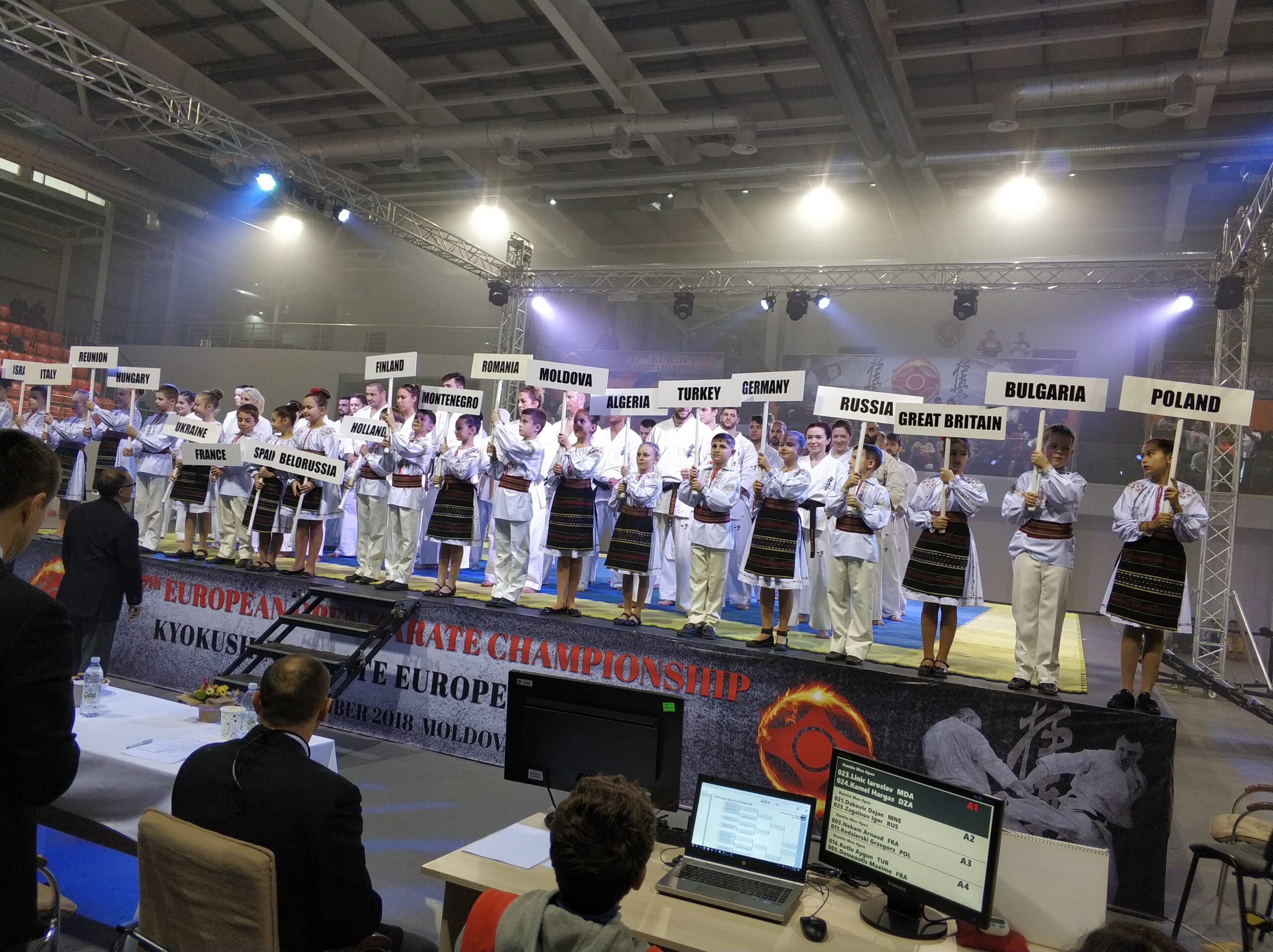 Tabele cu 17 țări, de la Italy la Poland; pe banner — „2018 Moldova“ Copii cu tabelele țărilor la ceremonia de deschidere a Al 17-lea campionat european deschis de karate; grila pe ecran
