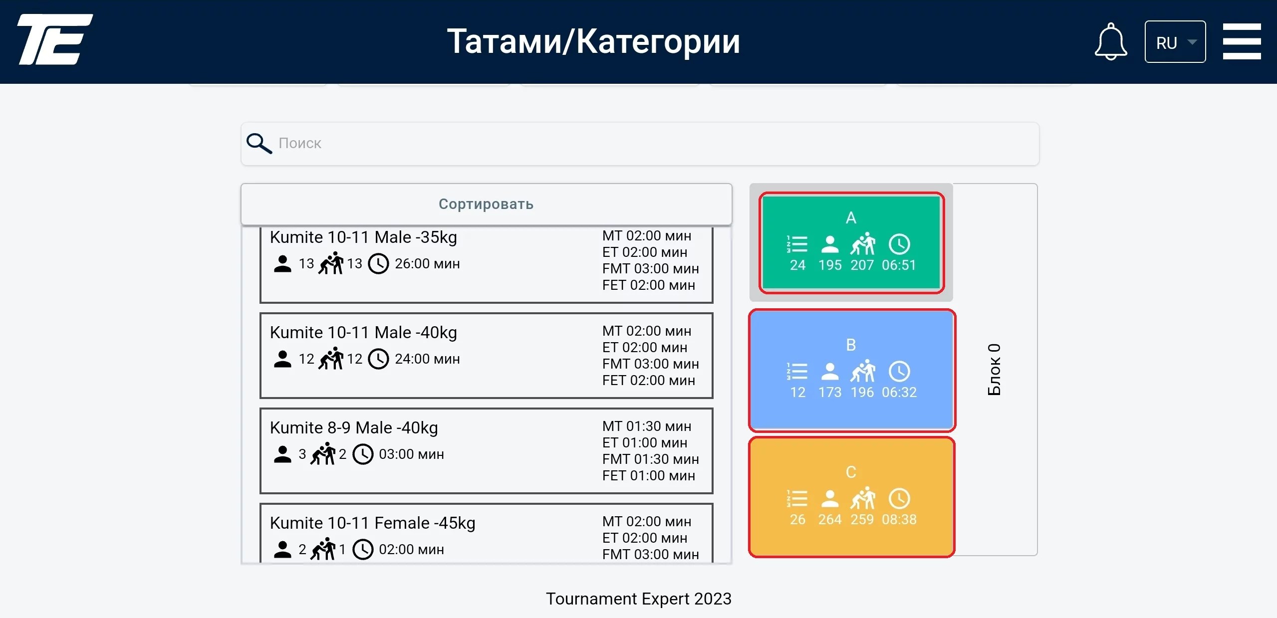 Татами/Санаттар: кумитэ тізімі бар экран