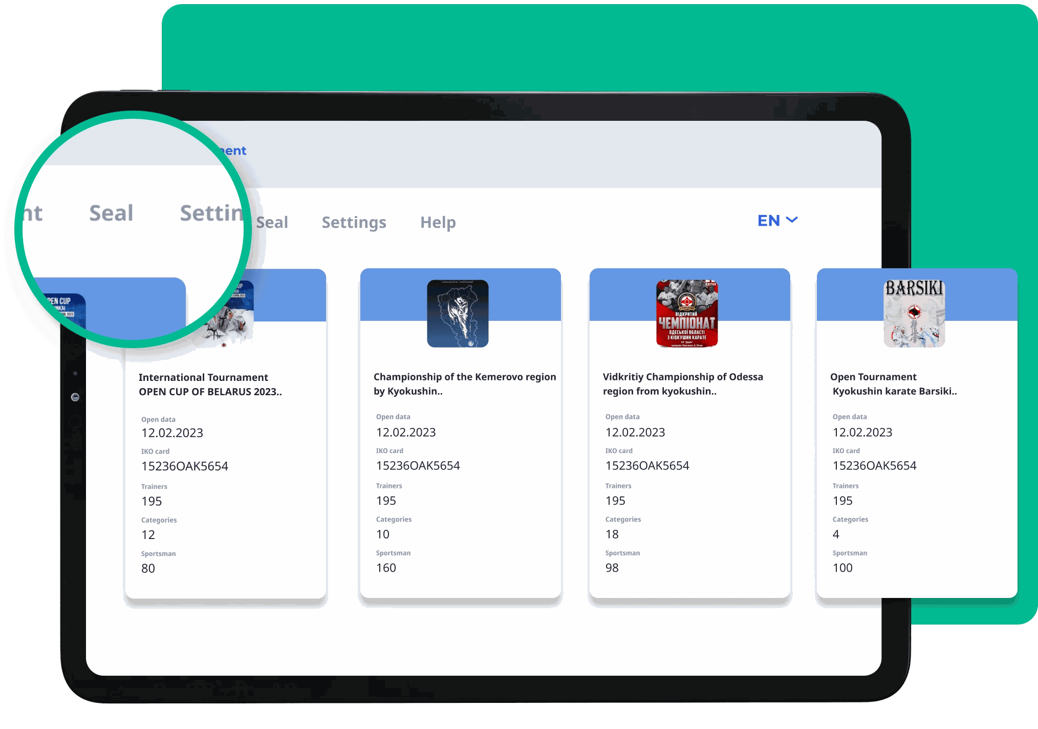Opening an event: the Seal and Settings menu on a tablet