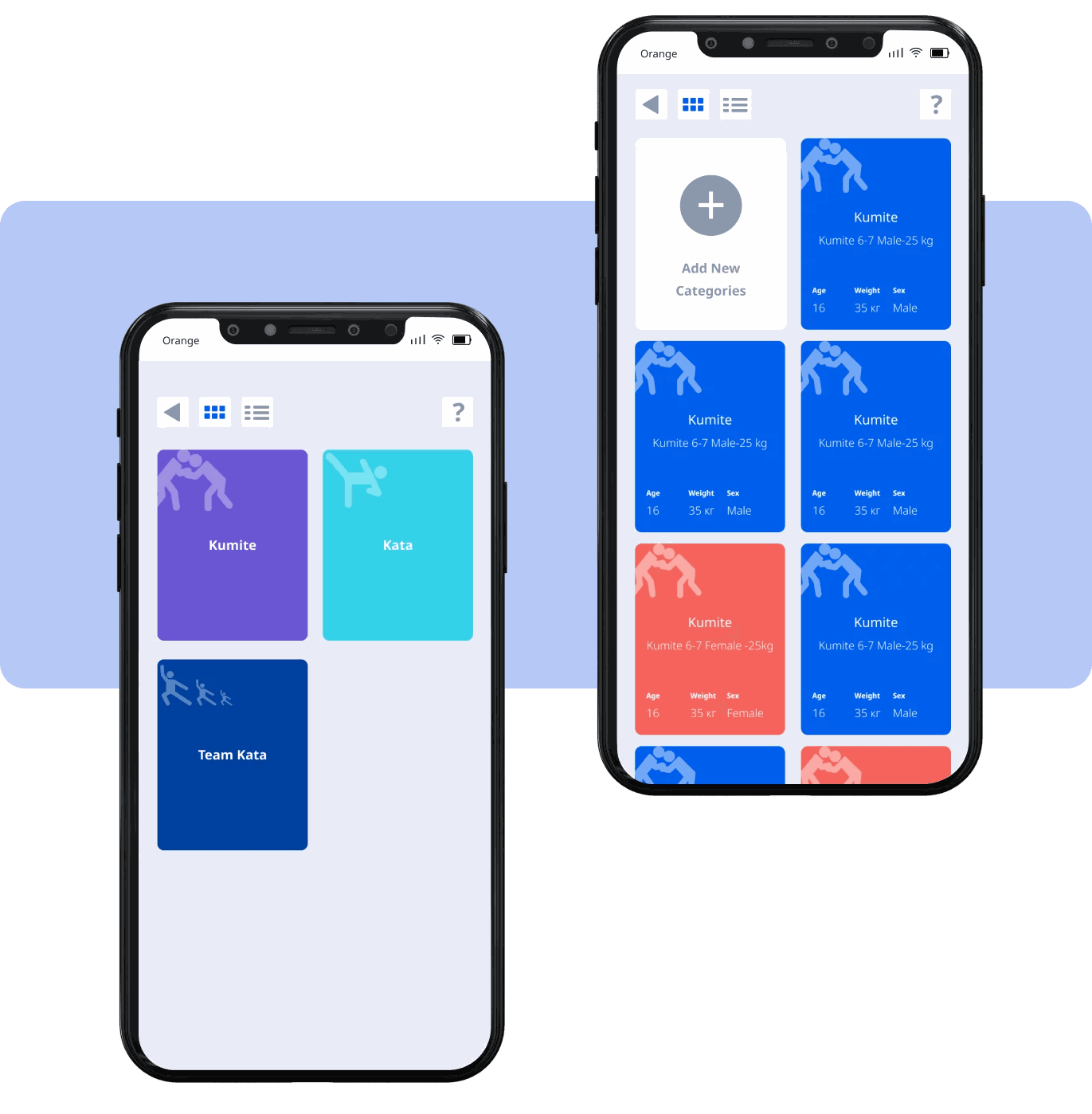 Categories: karate category cards on a phone