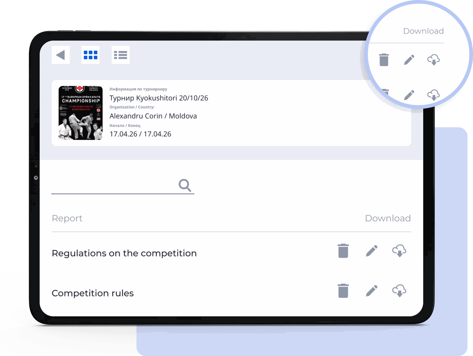 Documentation: the tournament regulations and rules on a tablet